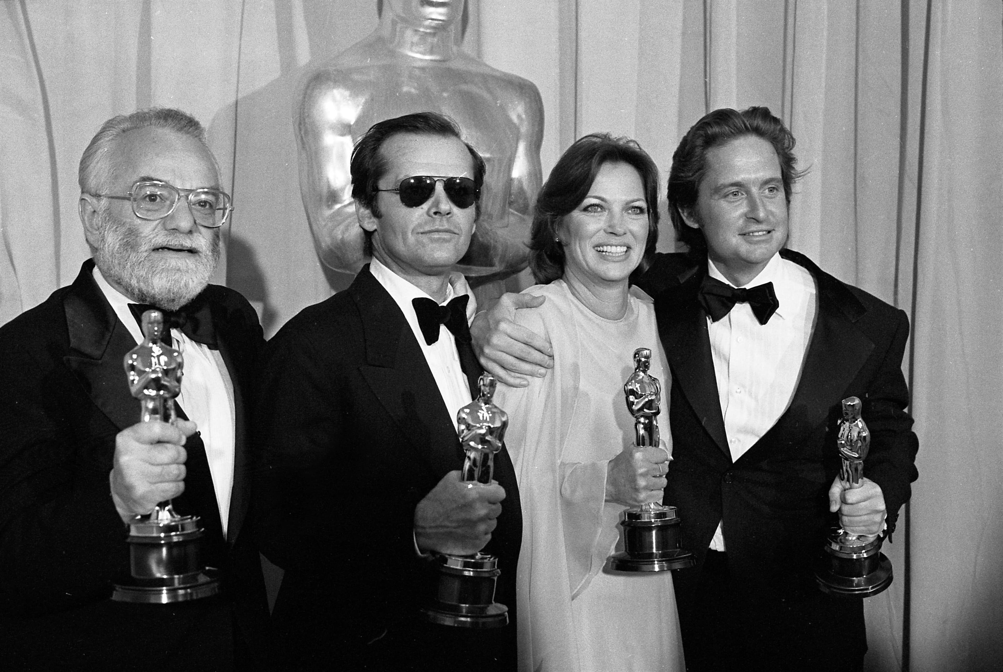 Jack Nicholson celebrates One Flew Over the Cuckoo's Nest sweep at the Academy Awards