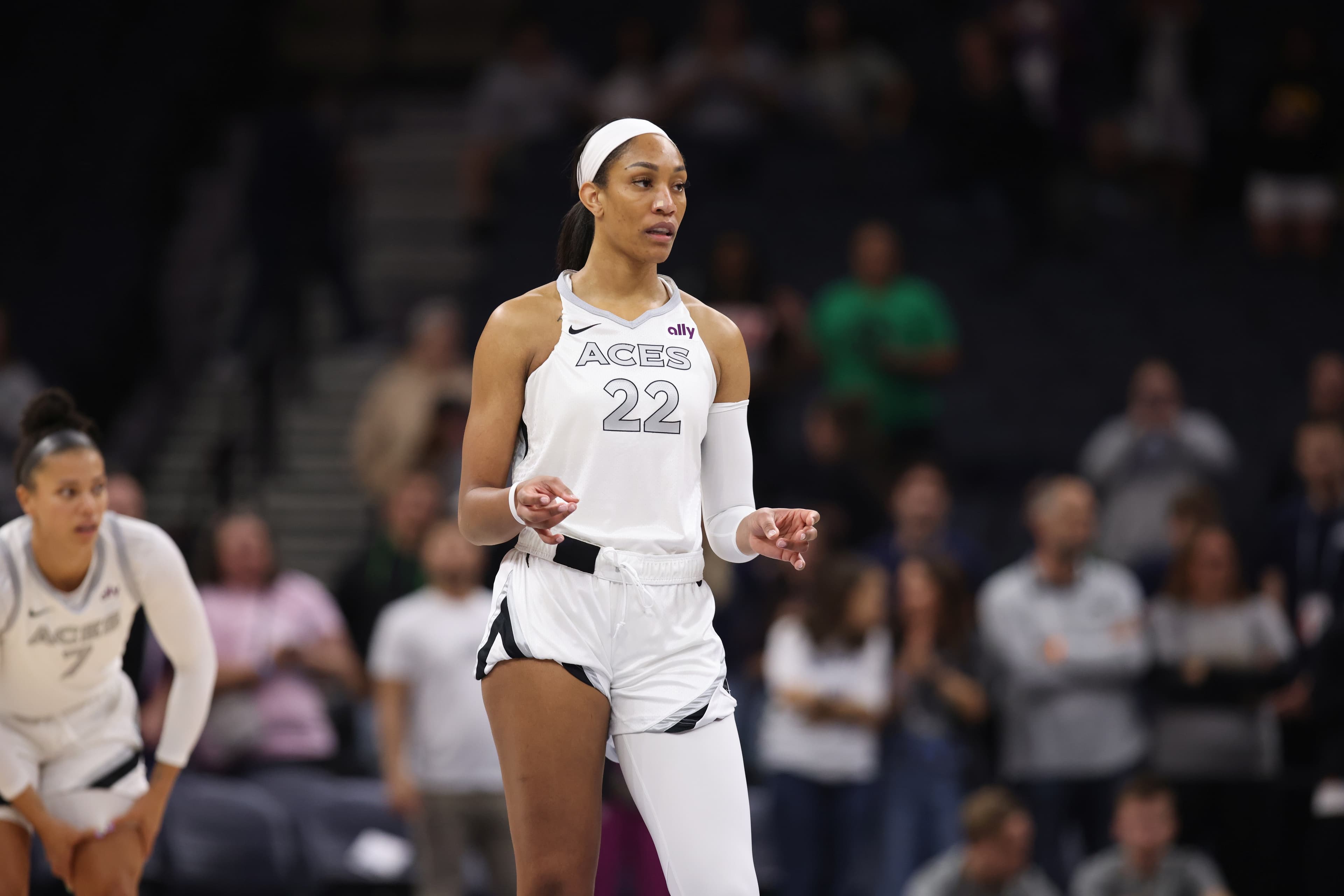 A'ja Wilson in her Las Vegas Aces uniform during a WNBA game