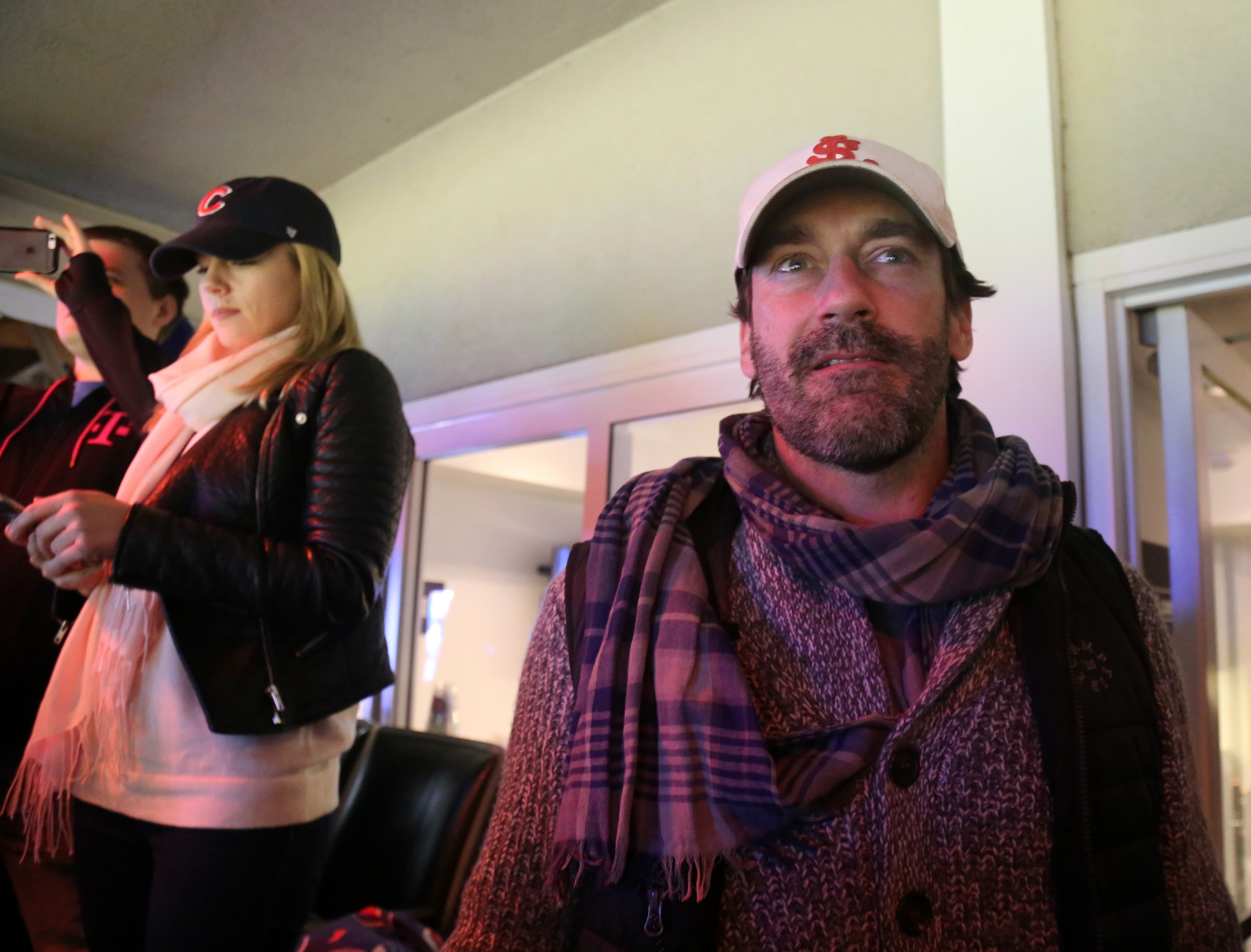 Actor Jon Hamm watches Game 5 of the World Series at Wrigley Field